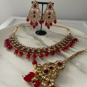 Rani Red Low Choker Polki Tikka Set